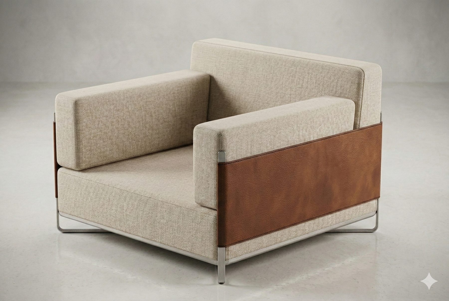 Lounge chair with pale fabric cushions, a tan leather side panel and a slim metal frame